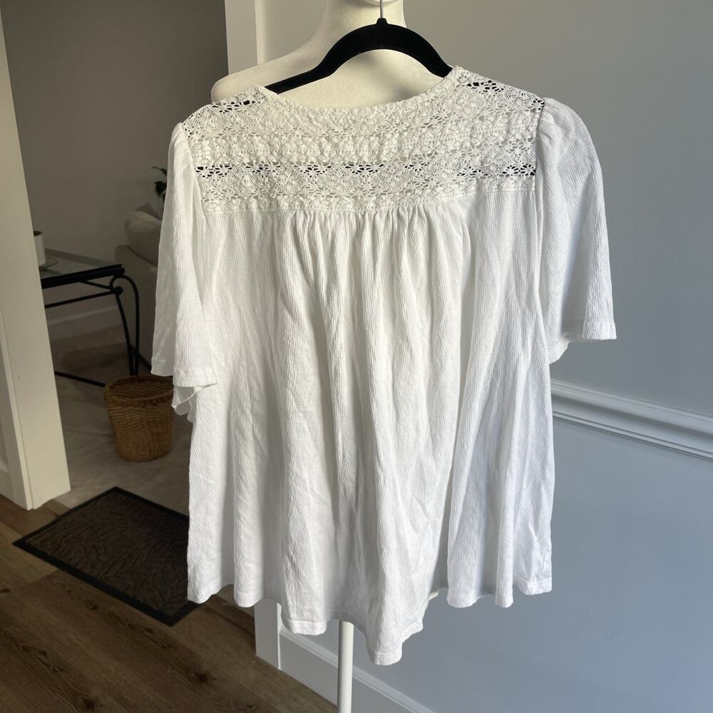 Lucky Brand White Lace Button Blouse XXL Cotton Boho Coastal Flutter Sleeve Boxy - Picture 3 of 11